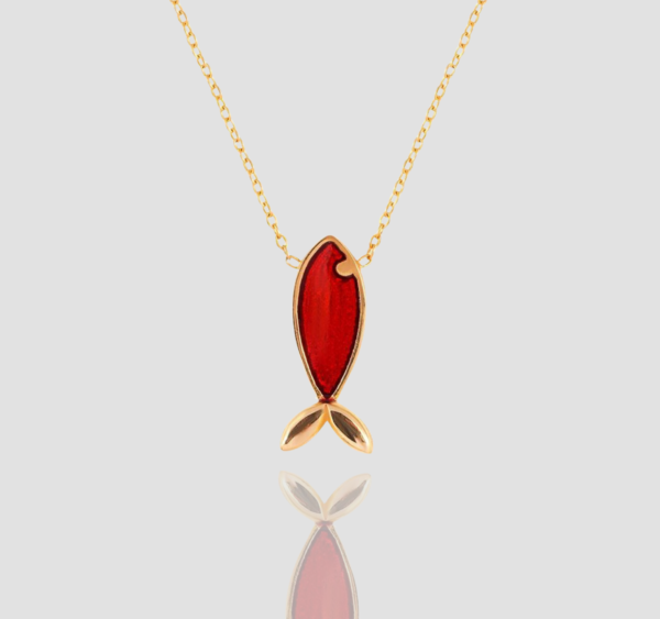 Fish Necklace, 14K Solid Gold Handmade Red Fish Pendant Necklace - Perfect Minimal Christmas & Valentine's Day Gift