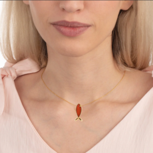 Fish Necklace, 14K Solid Gold Handmade Red Fish Pendant Necklace - Perfect Minimal Christmas & Valentine's Day Gift