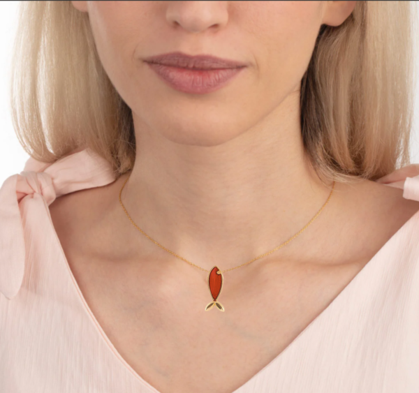 Fish Necklace, 14K Solid Gold Handmade Red Fish Pendant Necklace - Perfect Minimal Christmas & Valentine's Day Gift