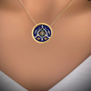 Handmade Solid Gold Necklace, Pendant Necklace with Persian Tiles Art-Inspired Design - Floral Luxury Pendant Jewelry