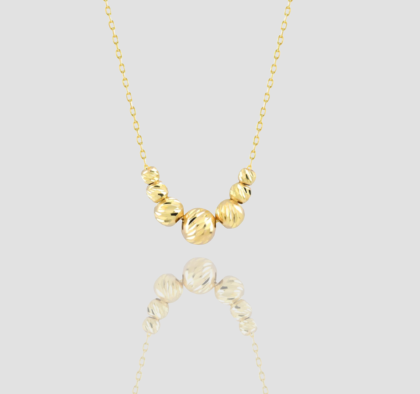 14k Solid Gold Ball Beads Necklace, Handmade Minimalist Dainty Seven Ball Diamond-Cut Bead Station Necklace