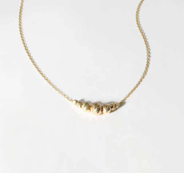 14k Solid Gold Ball Beads Necklace, Handmade Minimalist Dainty Seven Ball Diamond-Cut Bead Station Necklace