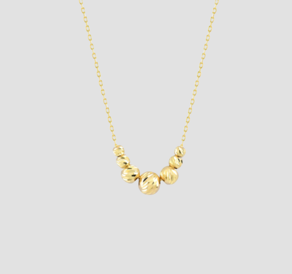 14k Solid Gold Ball Beads Necklace, Handmade Minimalist Dainty Seven Ball Diamond-Cut Bead Station Necklace