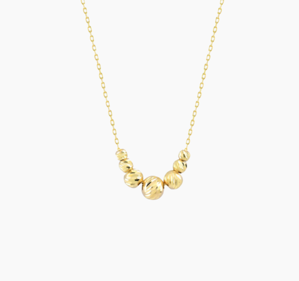 14k Solid Gold Ball Beads Necklace, Handmade Minimalist Dainty Seven Ball Diamond-Cut Bead Station Necklace