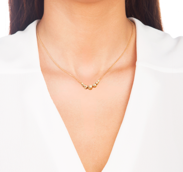 14k Solid Gold Ball Beads Necklace, Handmade Minimalist Dainty Seven Ball Diamond-Cut Bead Station Necklace