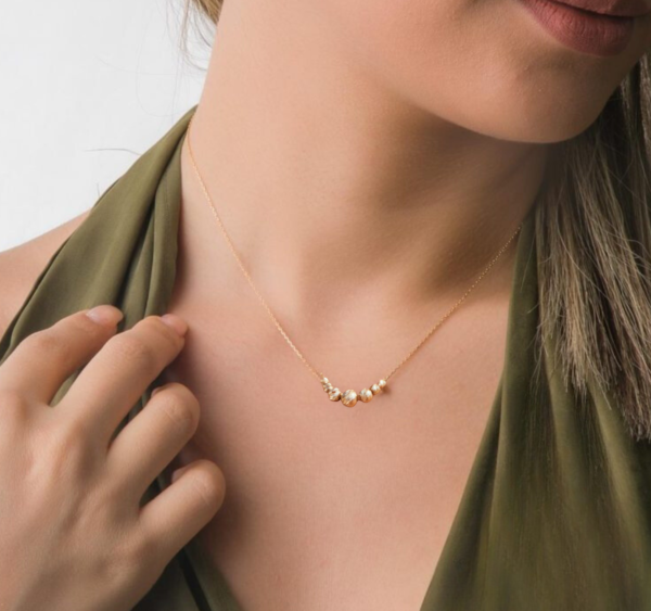 14k Solid Gold Ball Beads Necklace, Handmade Minimalist Dainty Seven Ball Diamond-Cut Bead Station Necklace