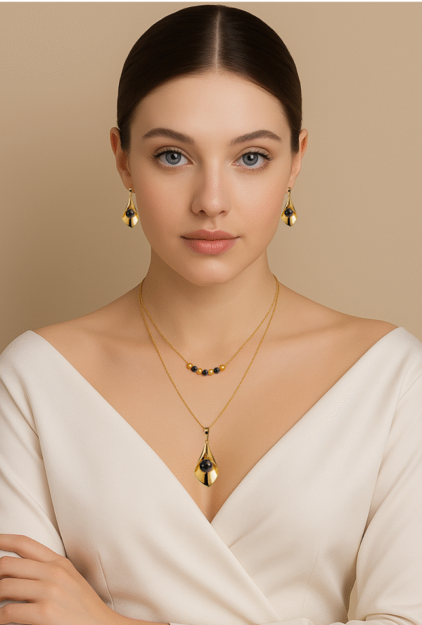 18K Solid Gold Lily Necklace, Hematite Calla Lily Flower Pendant, Handmade Gold Lily Pendant, Black Stone Hematite Necklace - Image 3