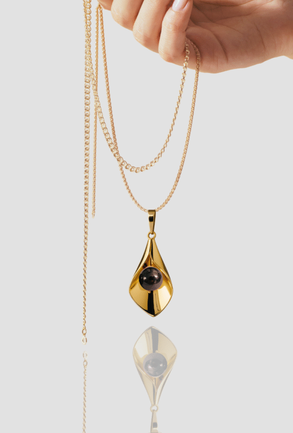 18K Solid Gold Lily Necklace, Hematite Calla Lily Flower Pendant, Handmade Gold Lily Pendant, Black Stone Hematite Necklace - Image 6