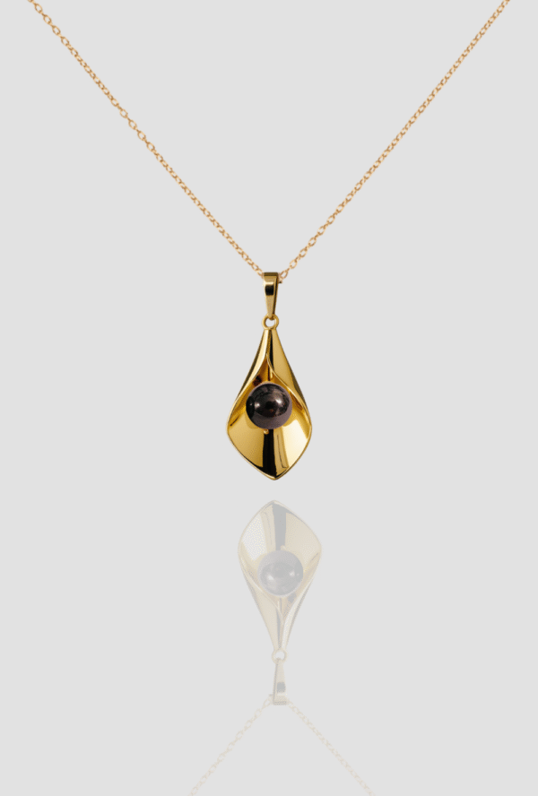 18K Solid Gold Lily Necklace, Hematite Calla Lily Flower Pendant, Handmade Gold Lily Pendant, Black Stone Hematite Necklace - Image 2