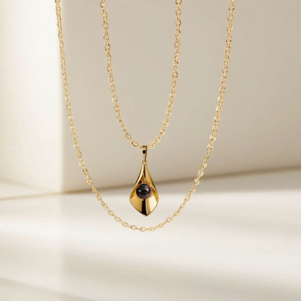 18K Solid Gold Lily Necklace, Hematite Calla Lily Flower Pendant, Handmade Gold Lily Pendant, Black Stone Hematite Necklace - Image 4